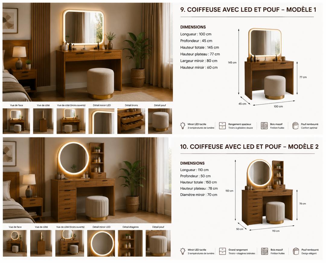 Coiffeusse avec led et Pouf