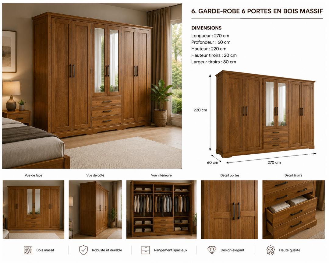 Garde robe 6 portes en bois massif