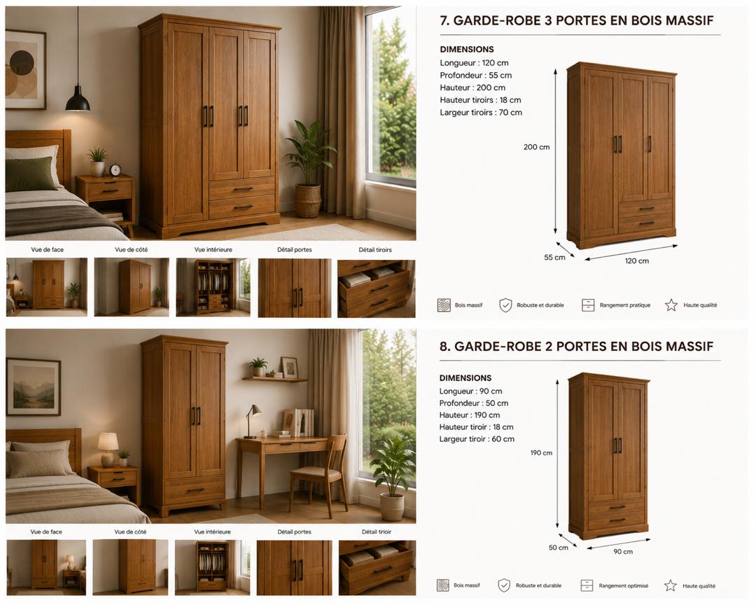 Garde robe 3 portes en bois massif